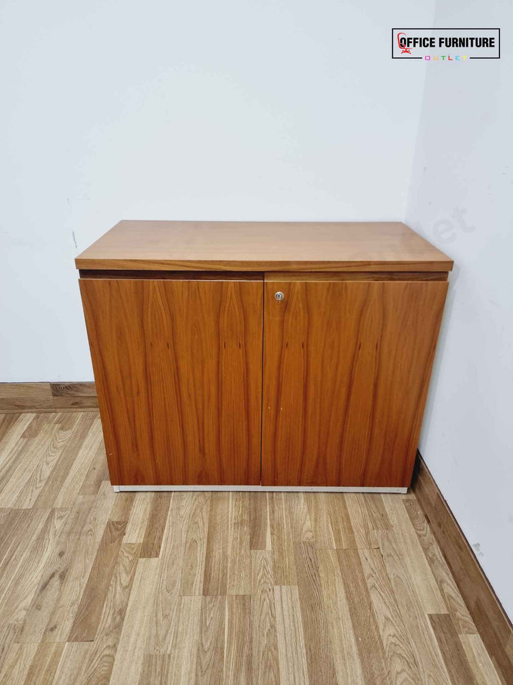 Walnut & White Low-Level Storage Cabinet with Cable Management Cut-Outs