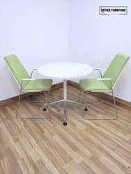 White Round Meeting Table with 2 Allermuir Confer Cantilever Armchairs (RT03)