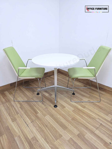 White Round Meeting Table with 2 Allermuir Confer Cantilever Armchairs (RT03)