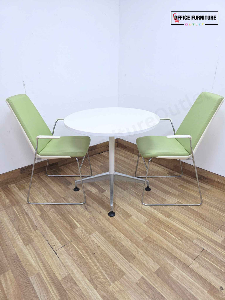 White Round Meeting Table with 2 Allermuir Confer Cantilever Armchairs (RT03)