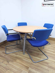 Beech Round Table with 4 Blue Verco Cantilever Chairs