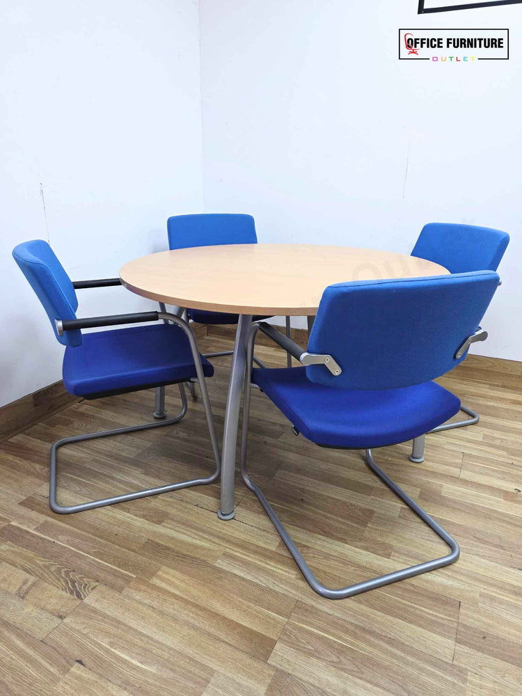 Beech Round Table with 4 Blue Verco Cantilever Chairs
