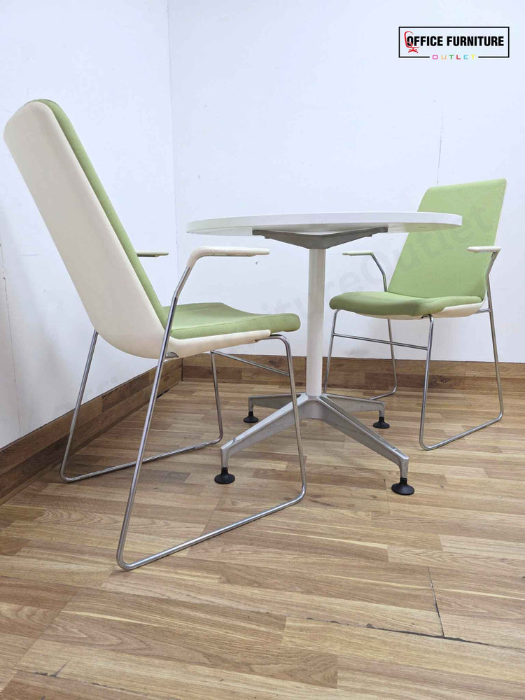 White Round Meeting Table with 2 Allermuir Confer Cantilever Armchairs (RT03)