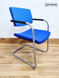 Beech Round Table with 4 Blue Verco Cantilever Chairs