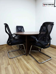 Round 4-Seater Walnut Meeting Table + Mesh Back Cantilever Chairs