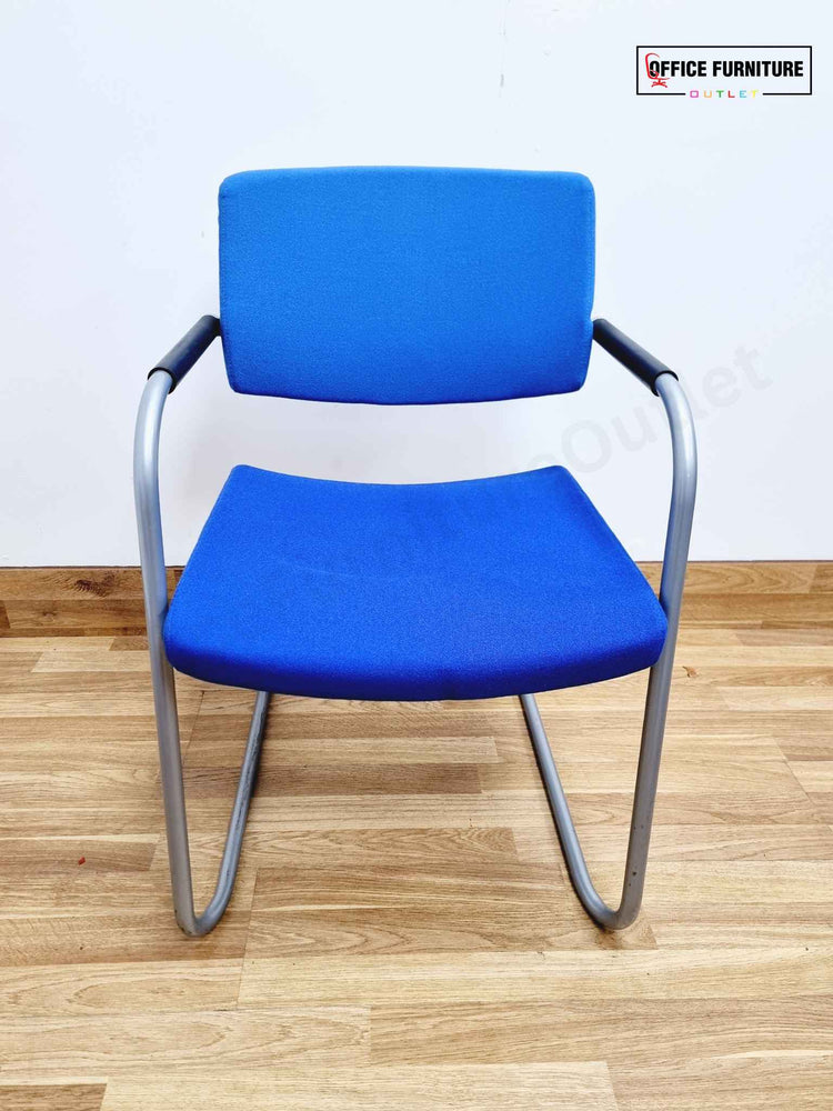 Beech Round Table with 4 Blue Verco Cantilever Chairs