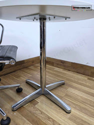 White Round Meeting Table with 2 Black Faux Leather Office Chairs