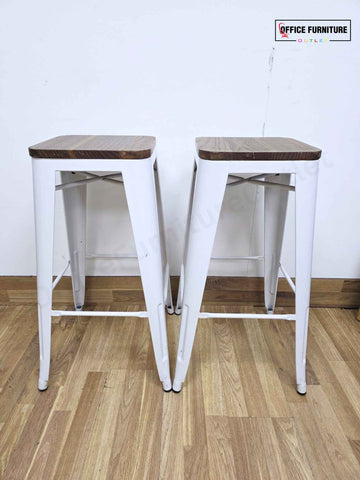 Set of Two Bar Stools – White Metal Frame with Walnut Wooden Seat