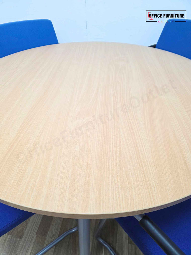 Beech Round Table with 4 Blue Verco Cantilever Chairs