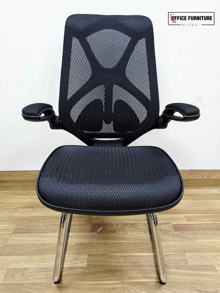 Round 4-Seater Walnut Meeting Table + Mesh Back Cantilever Chairs