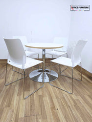 Flexiform Canteen Furniture Set – Round White Table with 4 White Plastic Stacking Chairs