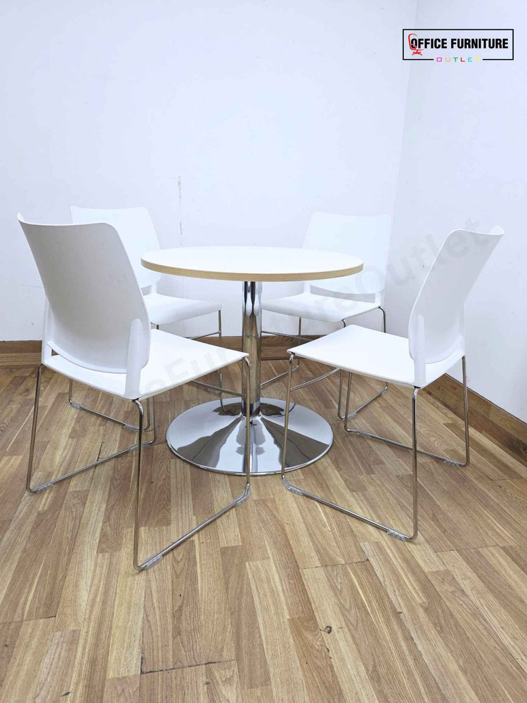 Flexiform Canteen Furniture Set – Round White Table with 4 White Plastic Stacking Chairs
