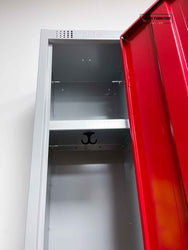Red Elite Single Door Locker with one shelf and coat hook
